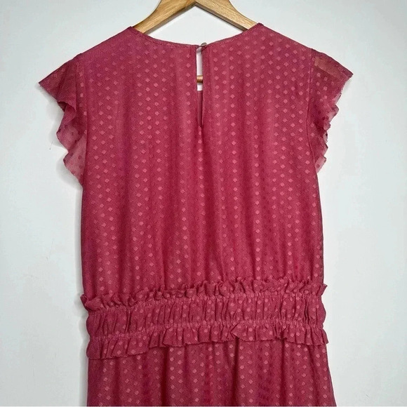 Ella Moon Mauve Pink Swiss Dot Overlay Smocked Ruffle Waist Dress Size Medium - Picture 9 of 12